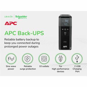 APC Back-UPS Pro, 1500VA/900W, Tower, 120V, 10x NEMA 5-15R outlets, AVR, USB Type A + C ports, LCD, User Replaceable Batte