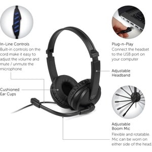 Aluratek AWHU02FB Headset - Stereo - USB - Wired - Over-the-head - Binaural - Ear-cup - 6.92 ft Cable - Noise Cancelling M