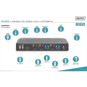 Digitus DS-12850 KVM Switchbox - 2 Computer(s) - 1 Local User(s) - 4096 x 2160 - 6 x USB - 1 x HDMI - 3 x DisplayPort - De