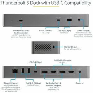 StarTech.com Thunderbolt 3 Dock w/USB-C Host Compatibility - Dual 4K 60Hz DP 1.4 or HDMI TB3/USB-C Docking Station - 1x 8K