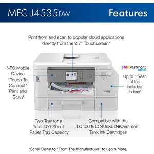 MFC-J4535DW INKvestment Tank All-in-One Multifunction Colour Inkjet Printer - Copier/Fax/Printer/Scanner - 4800 x 1200 dpi
