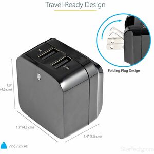 StarTech 2 Port USB Wall Charger, 17W Wall Charger Hub (2.4A & 1A port), Dual USB-A Power Adapter, Portable Charger for Ph