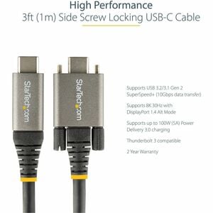 StarTech.com 3ft 1m Side Screw Locking USB C Cable 10Gbps, USB 3.1 Type-C Cable, 5A/100W PD, DP Alt Mode, Dual Screw Lock 