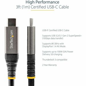 StarTech.com 3ft 1m USB C Cable 10Gbps, USB-IF Certified USB-C Cable, USB 3.1 Type-C Cable, 5A/100W PD, DP Alt Mode, USB C