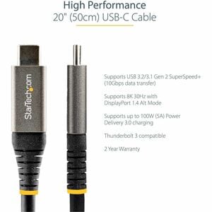 StarTech.com 50cm USB-C Kabel 10Gbit/s, USB-IF zertifiziert, USB 3.2 Gen 2 Typ-C Kabel, 100W/5A Power Delivery, DP Alt Mod