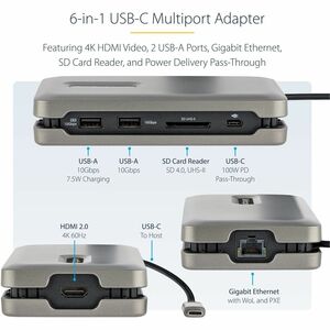 StarTech.com USB C Multiport Adapter, USB C auf 4K 60Hz HDMI 2.0 Dockingstation, 2-Port 10Gbit/s USB Hub, 100W PD, SD/Micr