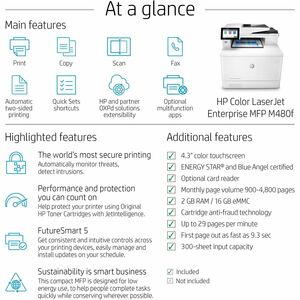 HP LaserJet Enterprise M480f Laser Multifunction Printer - Colour - Copier/Fax/Printer/Scanner - 27 ppm Mono/27 ppm Color 
