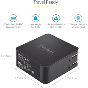 StarTech.com USB C Wall Charger, 60W PD with 6ft/2m Cable, Portable USB Type C Laptop Charger, Universal Adapter, USB IF/E
