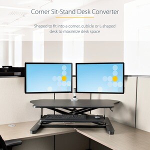 StarTech.com Corner Sit Stand Desk Converter with Keyboard Tray, Large Surface 35"x21" , Height Adjustable Ergonomic Table