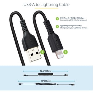 StarTech.com 50cm/20in USB to Lightning Cable, MFi Certified, Coiled iPhone Charger Cable, Black, Durable TPE Jacket Arami