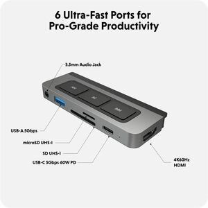 Hyper 6-in-1 USB-C Media Hub - Memory Card Reader - SD, microSD - 60 W - USB Type C - 4K - 3840 x 2160 - USB Type-A - USB 