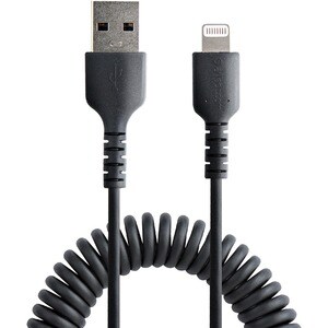 StarTech.com 1m (3ft) USB to Lightning Cable, MFi Certified, Coiled iPhone Charger Cable, Black, Durable TPE Jacket Aramid