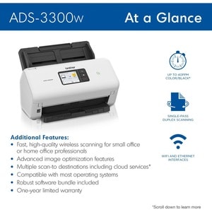 Brother ADS-3300W Cordless Sheetfed Scanner - 600 x 600 dpi Optical - 48-bit Color - 40 ppm (Mono) - 40 ppm (Color) - PC F