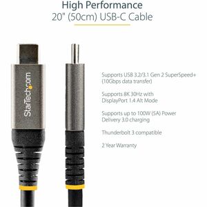 StarTech.com 20" 50cm USB C Cable 10Gbps, USB 3.1 Type-C Cable, 5A/100W, DP Alt Mode, USB-C Cord for USB-C Laptop/Phone/De