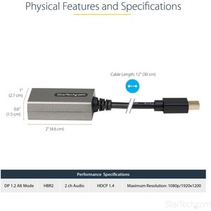 StarTech.com Mini DisplayPort to HDMI Adapter, mDP to HDMI Adapter Dongle, 1080p, Mini DP 1.2 to HDMI Video Converter, 12"