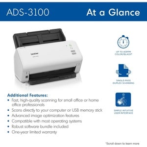 Brother ADS-3100 Sheetfed Scanner - 600 x 600 dpi Optical - 48-bit Color - 40 ppm (Mono) - 40 ppm (Color) - Duplex Scannin