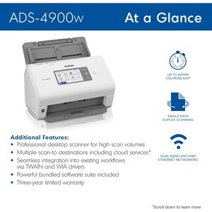 Brother ADS-4900W Cordless Sheetfed Scanner - 600 x 600 dpi Optical - 48-bit Color - 60 ppm (Mono) - 60 ppm (Color) - Dupl