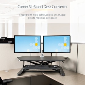 StarTech.com Corner Sit Stand Desk Converter with Keyboard Tray, Large Surface 35"x21" , Height Adjustable Ergonomic Table