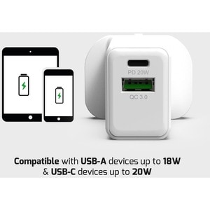 Port Connect 20 W AC Adapter - 1 Pack - For Tablet PC, Smartphone, USB Type A Device, USB Type C Device - 120 V AC, 230 V 