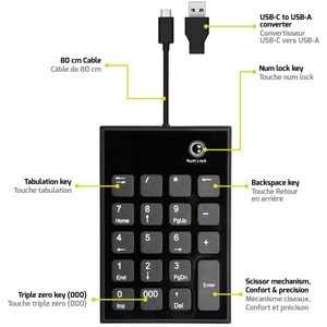 Port Keypad - Cable Connectivity - USB Type C, USB Type A Interface - Black - Scissors Keyswitch - Notebook, Desktop Compu