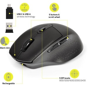 Port Mouse - Bluetooth/Radio Frequency - USB - Optical - 5 Button(s) - 1 - Wireless - 2.40 GHz - 2400 dpi - Scroll Wheel -