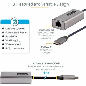 StarTech.com USB-C to Ethernet Adapter, 10/100/1000 Mbps, Gigabit Network Adapter, ASIX AX88179A, 1ft/30cm Cable, Windows/