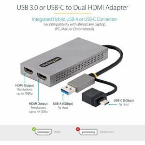 StarTech.com USB to Dual HDMI Adapter, USB A/C to 2x HDMI Displays (1x 4K30, 1x 1080p), USB 3.0 to HDMI Converter, 4in/11c