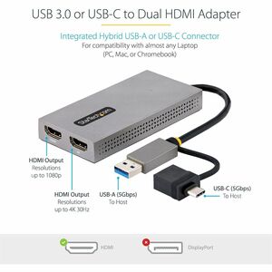 StarTech.com USB HDMI Dual Monitor Adapter, USB A/C auf HDMI (1x 4K30Hz, 1x 1080p), externe grafikkarte, 11cm integriertes