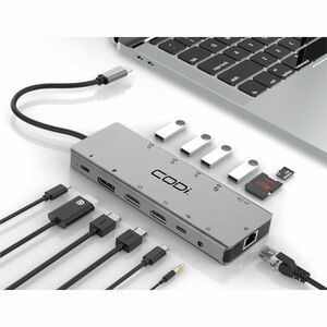 CODi 13-in-1 Multi-Port Adapter - Memory Card Reader - SD, microSD (TransFlash) - 100 W - USB Type C - 4 Displays Supporte