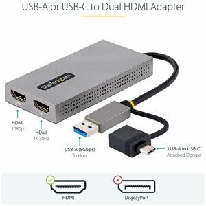 StarTech.com Adaptador de USB 3.0 a HDMI Doble, USB A/C a 2 Pantallas HDMI (1x 4K30Hz, 1x 1080p), Dongle USB-A a C, Cable 