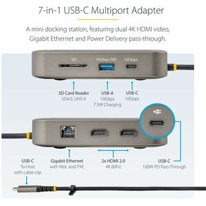 StarTech.com USB C Multiport Adapter, Dual 4K 60Hz HDMI 2.0b, 2x 10Gbps USB Hub, 100W PD Pass-Through, GbE, SD, Mini Dock,