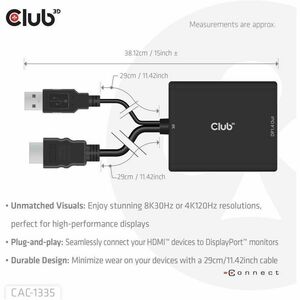Club 3D HDMI + USB Bus powered to DisplayPort 4K120Hz or 8K30Hz M/F Adapter - 1 x HDMI Digital Audio/Video - Male, 1 x USB