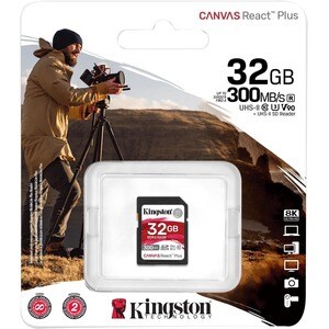 Kingston Canvas React Plus SDR2 32 GB Class 10/UHS-II (U3) V90 SDHC - 300 MB/s Read - 260 MB/s Write