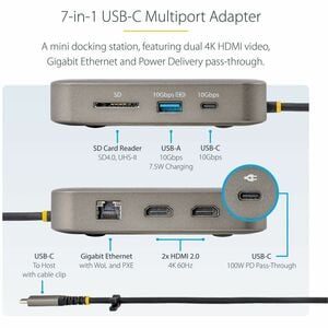 StarTech.com USB-C Multiport Adapter, Dual 4K 60Hz HDMI, 2-Port USB-A/USB-C 10Gbps Hub, 100W PD, GbE, SD, Travel Docking S