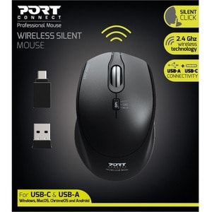 Port Mouse - Radio Frequency - USB - Optical - 3 Button(s) - Black - 1 - Wireless - 2.40 GHz - 1600 dpi - Scroll Wheel - S