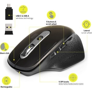 Port Connect Mouse - Bluetooth/Radio Frequency - USB - Optical - 5 Button(s) - 1 - Wireless - 2.40 GHz - 1600 dpi - Scroll