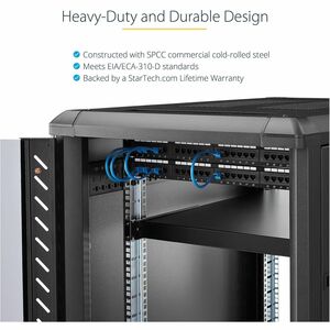 StarTech.com 1U 4-Post 19.5 to 38in Adjustable Mounting Depth Rack Mount Shelf - Heavy Duty Fixed Rack Shelf - 330 lb / 15