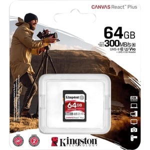 Kingston Canvas React Plus SDR2 64 GB Class 10/UHS-II (U3) V90 SDXC - 300 MB/s Read - 260 MB/s Write