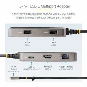 StarTech.com USB-C Multiport Adapter, 4K60Hz HDMI, HDR, 2-Port 5Gbps USB Hub, 100W PD Pass-Through, GbE, Works with Chrome