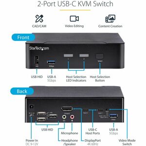 StarTech.com USB C KVM Switch, 2 Port DisplayPort KVM w/ 4K 60Hz UHD HDR Video, 3.5mm Audio, USB Type C KVM Switch, 4x USB
