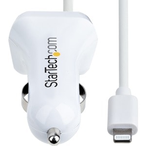 StarTech.com Lightning Car Charger with Coiled Cable, 1m Built-in Cable, 12W, White, 2 Port USB Car Charger Adapter, In Ca
