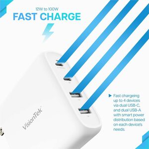 VisionTek 100W GaN II Power Adapter - 4 Port - 100 W - 120 V AC, 230 V AC Input - 5 V DC, 9 V DC, 15 V DC, 20 V DC Output 