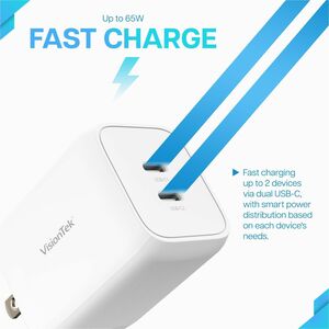 VisionTek 65W GaN II Power Adapter - 2 Port - 65 W - 120 V AC, 230 V AC Input - 5 V DC, 9 V DC, 12 V DC, 15 V DC, 20 V DC,
