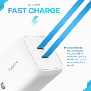 VisionTek 45W GaN II Power Adapter - 2 Port - 45 W - 120 V AC, 230 V AC Input - 3.3 V DC, 5 V DC, 12 V DC, 15 V DC, 16 V D