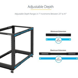 StarTech.com 25U Adjustable Depth Open Frame 4 Post Server Rack w/ Casters / Levelers and Cable Management Hooks - Steel, 