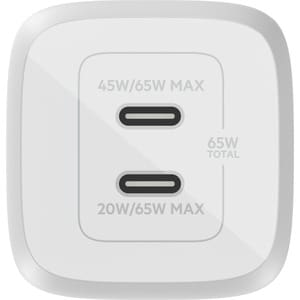Belkin 65W Portable Dual Port GaN Wall Charger - 2xUSB-C (65W Total) - w/ USB-C to USB-C Cable - Fast Charging - Power Ada