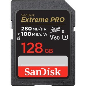 Carte SDXC SanDisk Extreme PRO - 128 Go - UHS-II - V60 - 280 Mo/s en Lecture - 100 Mo/sSpaceen Écriture