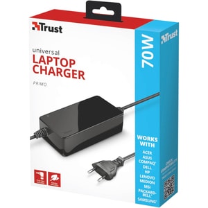 Trust Primo 70 W AC Adapter - Universal Adapter - For Notebook - 120 V AC, 230 V AC Input - 20 V DC, 18 V DC Output