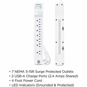 CyberPower P704URC1 Home Office 7 - Outlet Surge Protector with 2000 J Surge Suppression - Clamping Voltage 600V, 4 ft Cor