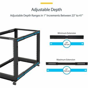 19 Inch 18U Open Frame Rack - 4 Post - 22-40 Adjustable Depth - 1200 lb. Capacity w/ Casters and Cable Hooks (4POSTRACK18U)